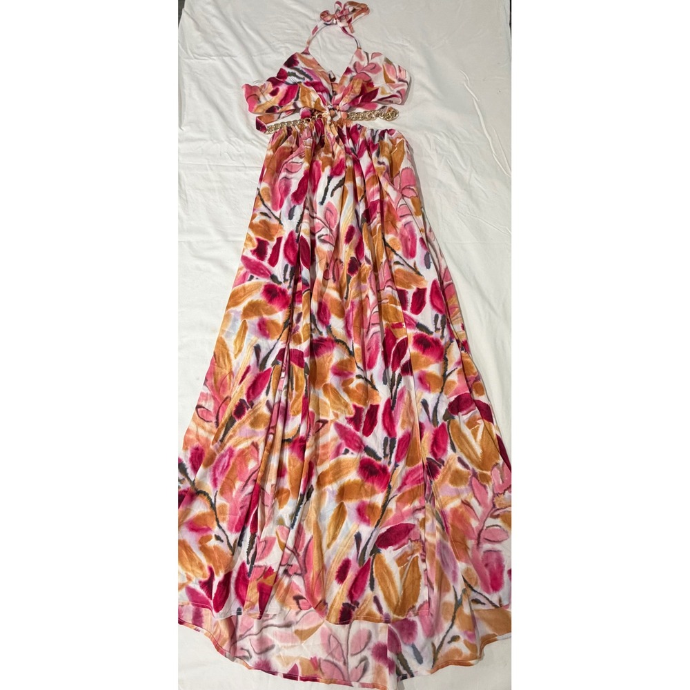 Miss Avenue Viva Maxi Dress Pink Orange Floral Cutout Chain Detail Size L NWT